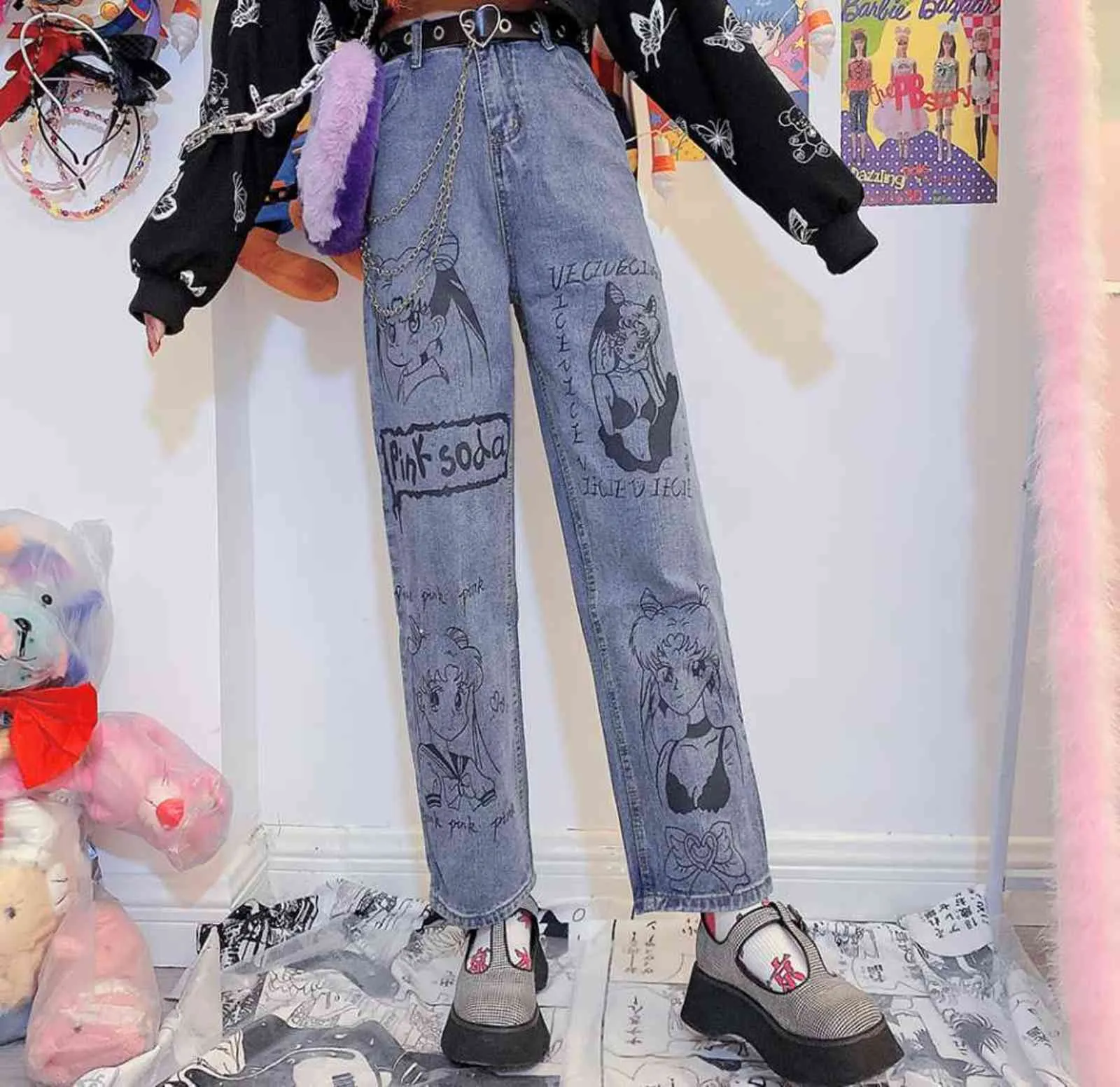 Koreanische Jeans im Harajuku-Stil, College-Stil, schönes Mädchen, Anime-Druck, Damen, lässig, lockere Hose mit weitem Bein 211129