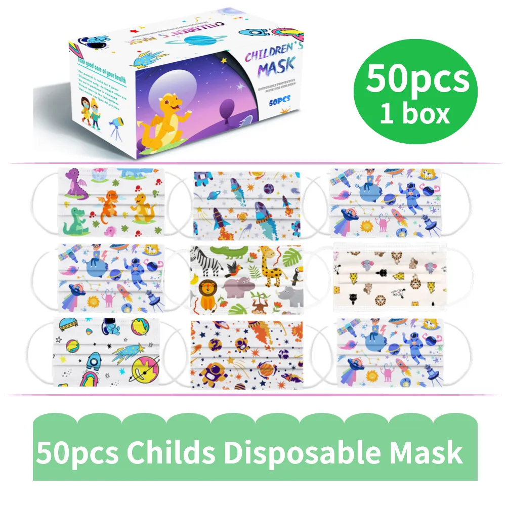 Fast Delievry 50st Barnmask En låda Barntecknad Engångsmask 3 Layer Barn Kid Filter Hygien Tjockad Ansiktsmask Mask