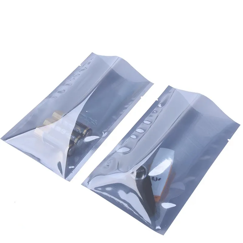 Sacs d'emballage antistatiques transparents et argentés à fond plat, ouverture sans statique, translucide sous vide, sac d'emballage à 3 scellages latéraux