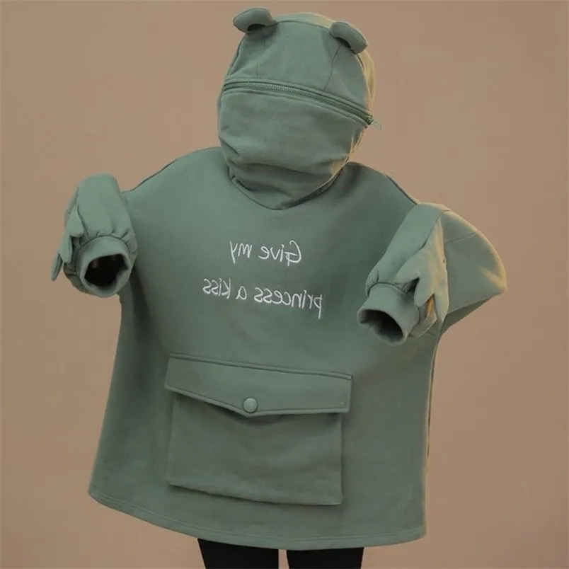 Omsj adorável sapo moletom hoodies outono mulheres letra cópia design manga comprida zip bolsos frontais bonitos pullover tops 210517