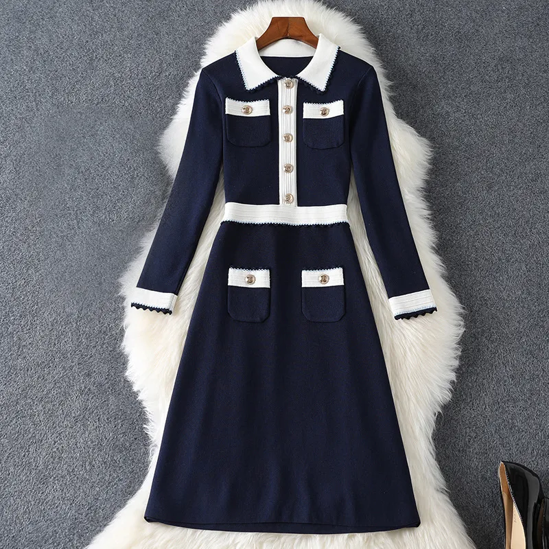 2021 Fall Autumn Long Sleeve Lapel Neck Blue Contrast Color Knitted Panelled Buttons Single-Breasted Dress Elegant Casual Dresses 21G318B394