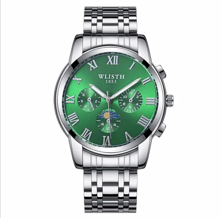 Relógio masculino WLISTH quartzo cwp com subdials não funcionais, mostrador luminoso, vida útil, pulseira de aço inoxidável, resistente a arranhões, cristal mineral, relógios de pulso masculinos