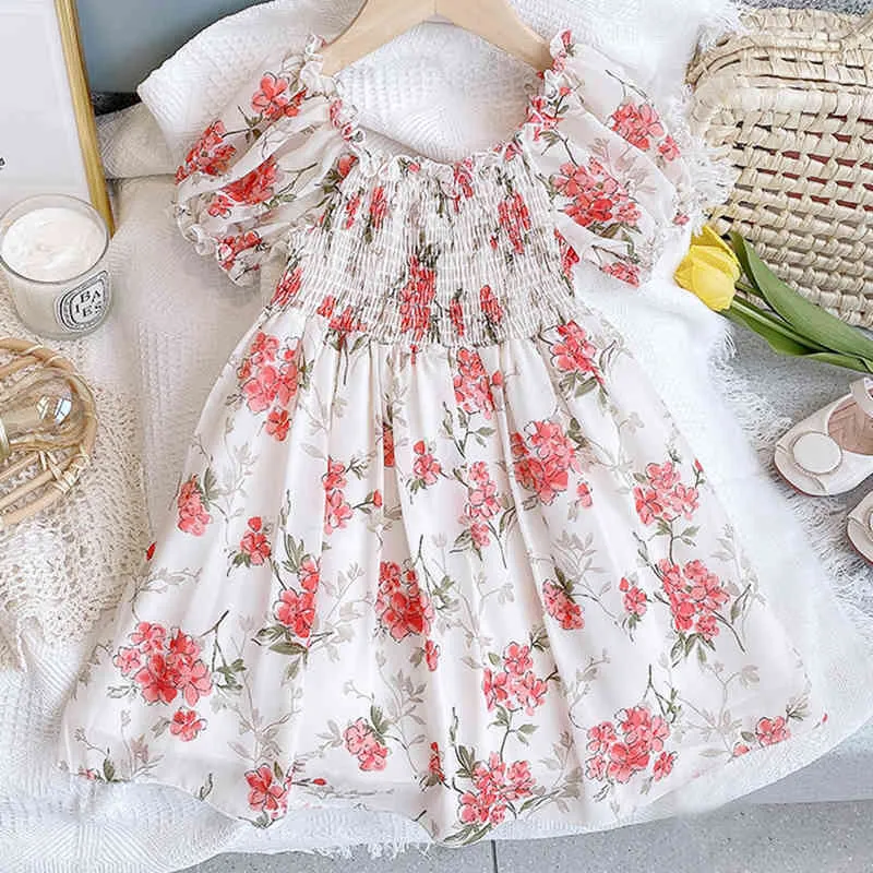 Girls Dress Children's Clothes Summer Fashion Puff Sleeve Flower Cute  Princess 3-7 Years Old 210515