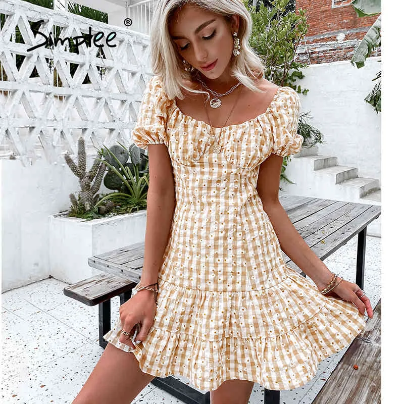 Gelb kariertes Gänseblümchen-Druck-Sommerkleid mit quadratischem Ausschnitt, kurzärmeliges Sommer-Kurzkleid mit hoher Taille und Puffärmeln, Damenkleid 210414