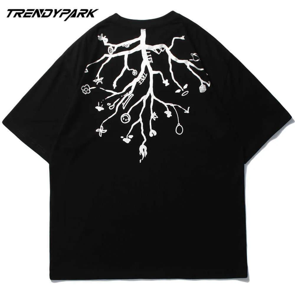 T-shirt dos homens criativos Árvore geométrica impresso Hip Hop Oversized Algodão Casual Harajuku Streetwear Top T-shirts 210601