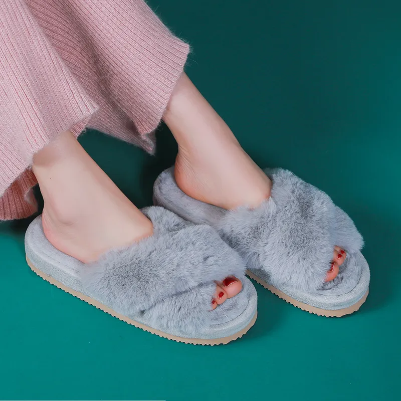 Indoor vrouwen slippers zachte pluche faux bont platform platte hak gezellige riem huis comfort kamer vloer schoenen dames vrouwelijke harige dia's