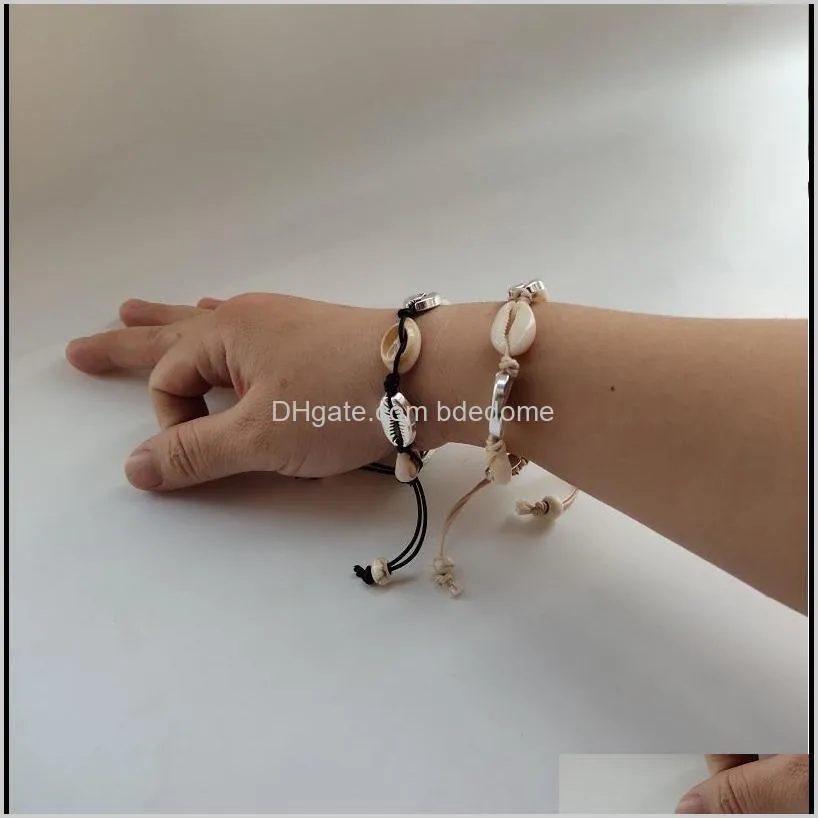 2019 seabeach customs cultures seashell natural alloy material bead accessory with beige and black color string rope bracelet adjust