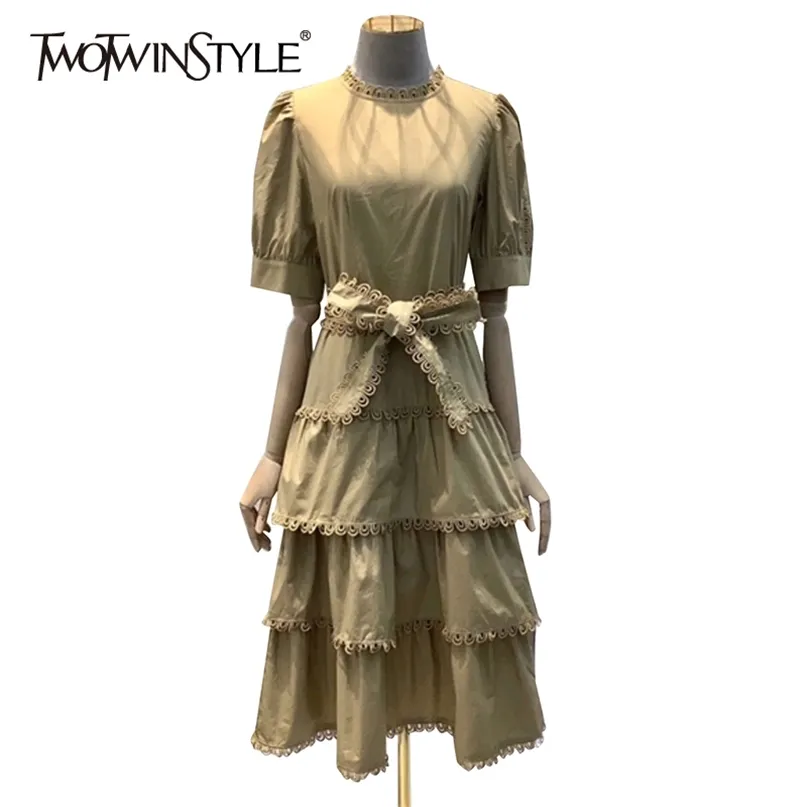 Lace Up Bowknot Patchwork Dress Pour Femmes O Cou À Manches Courtes Taille Haute Ceintures Robes Élégantes Mode Féminine 210520