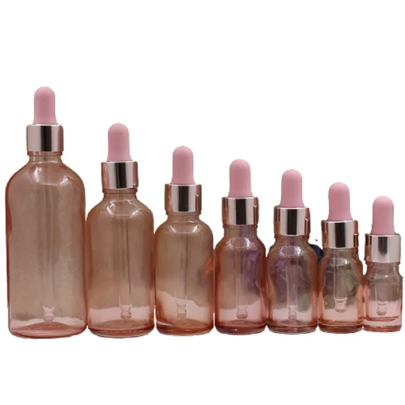 Bouteille d'emballage d'huile essentielle verre rose vide 5 ml 10 ml 15 ml 20 ml 30 ml 100 ml dessus en caoutchouc rose givré flacons compte-gouttes d'essence cosmétique transparent conteneur de voyage portable