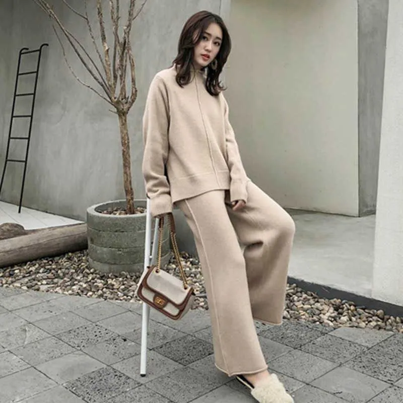 Autumn Winter Thick Knitted Two Pieces Set Women Warm Half Turtleneck Pullover Sweater+Wide Leg Pants Sweater Suit 210930