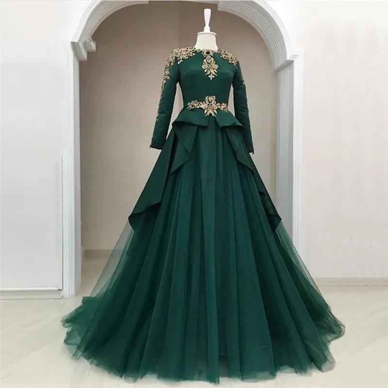 dark Green Muslim Evening Dresses 2021 A-line Long Sleeves Tulle gold Lace Crystals Islamic Dubai Saudi Arabic Long Formal prom Gown
