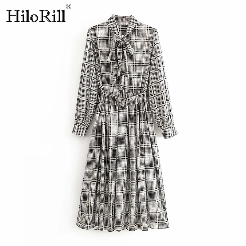 Women Houndstooth Plaid Dress With Belt Bow Tie Collar Ladies Long Party es Sleeve Vintage Elegant 210508