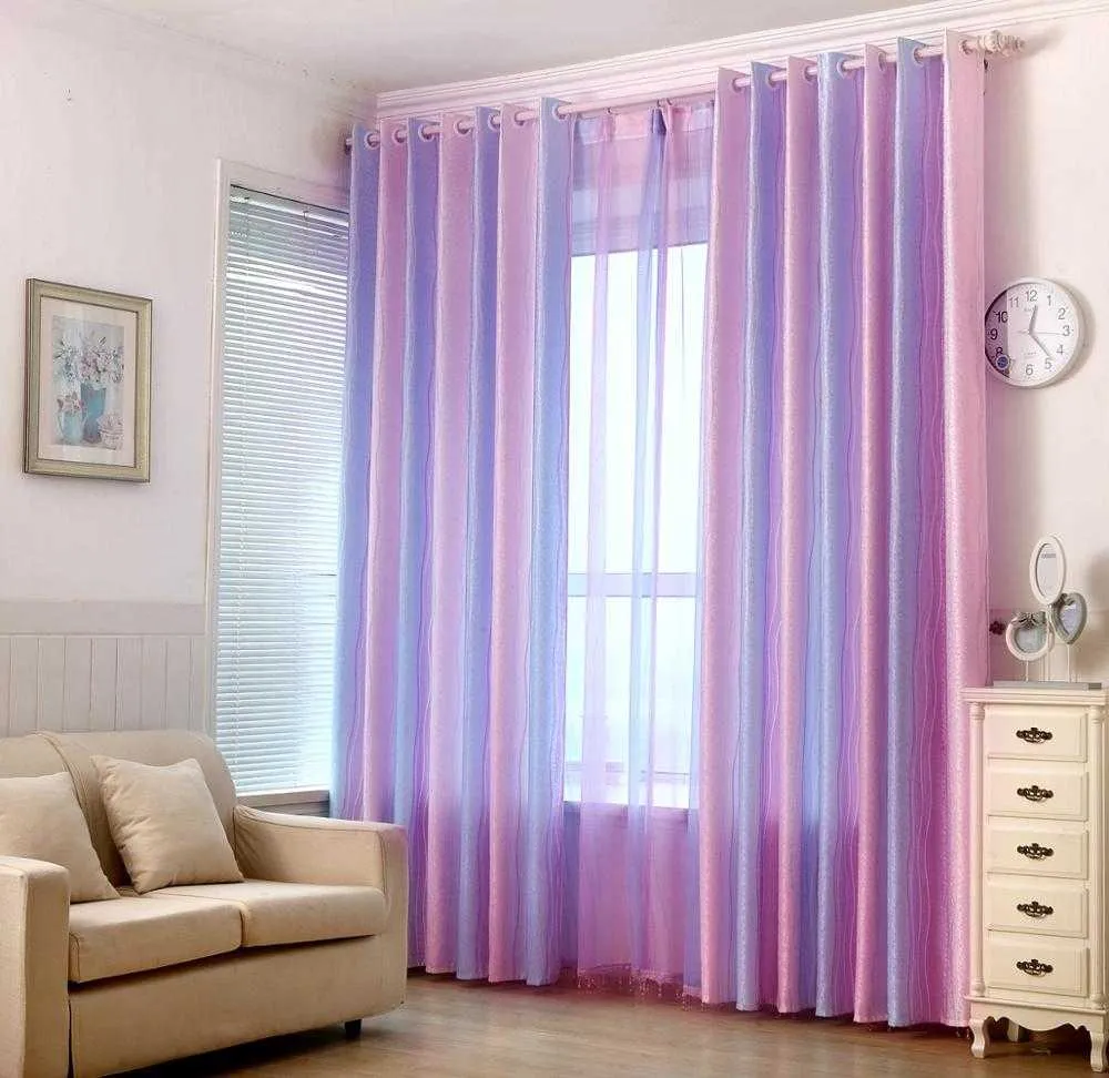 女の子の寝室のリビングルームのグラデーション紫色のカラフルなストライププリントカーテンパネル210712のためのモダンな厚手のジャカードピンクカーテン