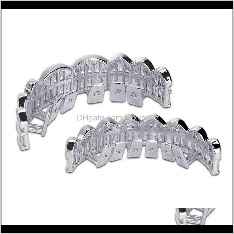 new baguette set teeth grillz top & bottom silver color grills dental mouth hip hop fashion jewelry rapper jewelry534 t2