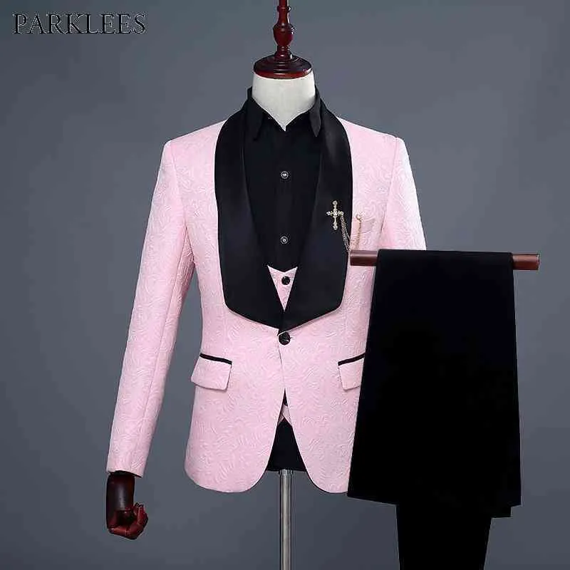 Mens One Button Shawl Lapel Floral Jacquard 3 st Passar Märke Bröllop Groom Prom Tuxedo Suit Män Terno Masculino Rosa 210522