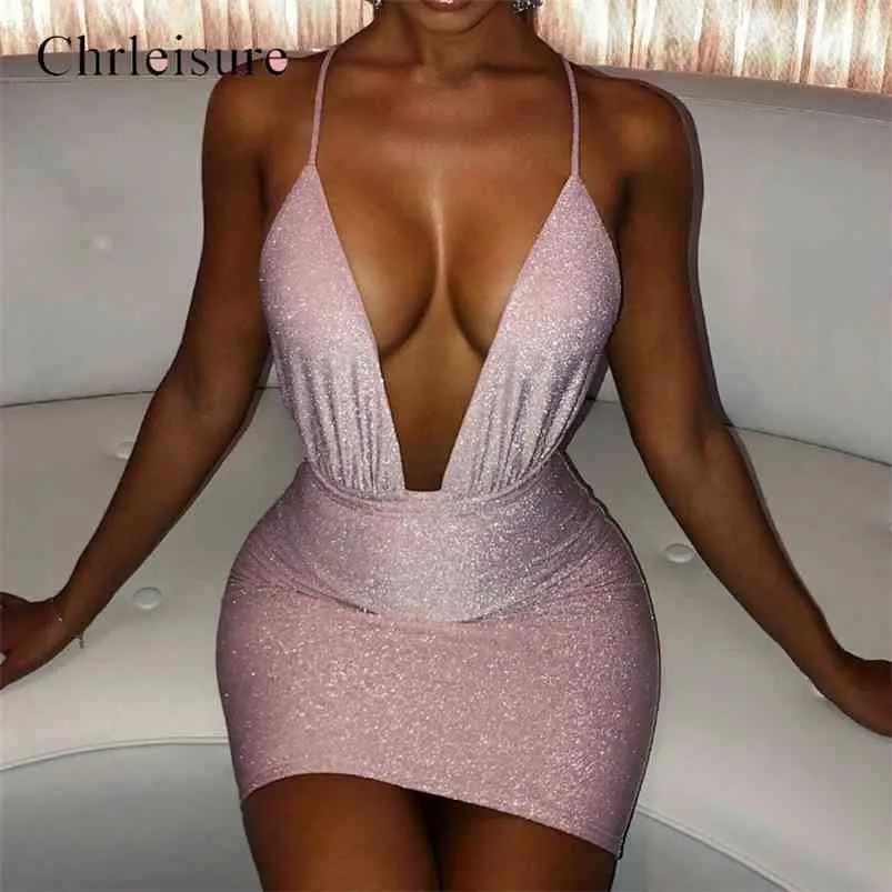 Sexig Backless Glitter Dres Deep V Bodycon Mini Klänningar Sommar Nattklubb Party Dress 210623