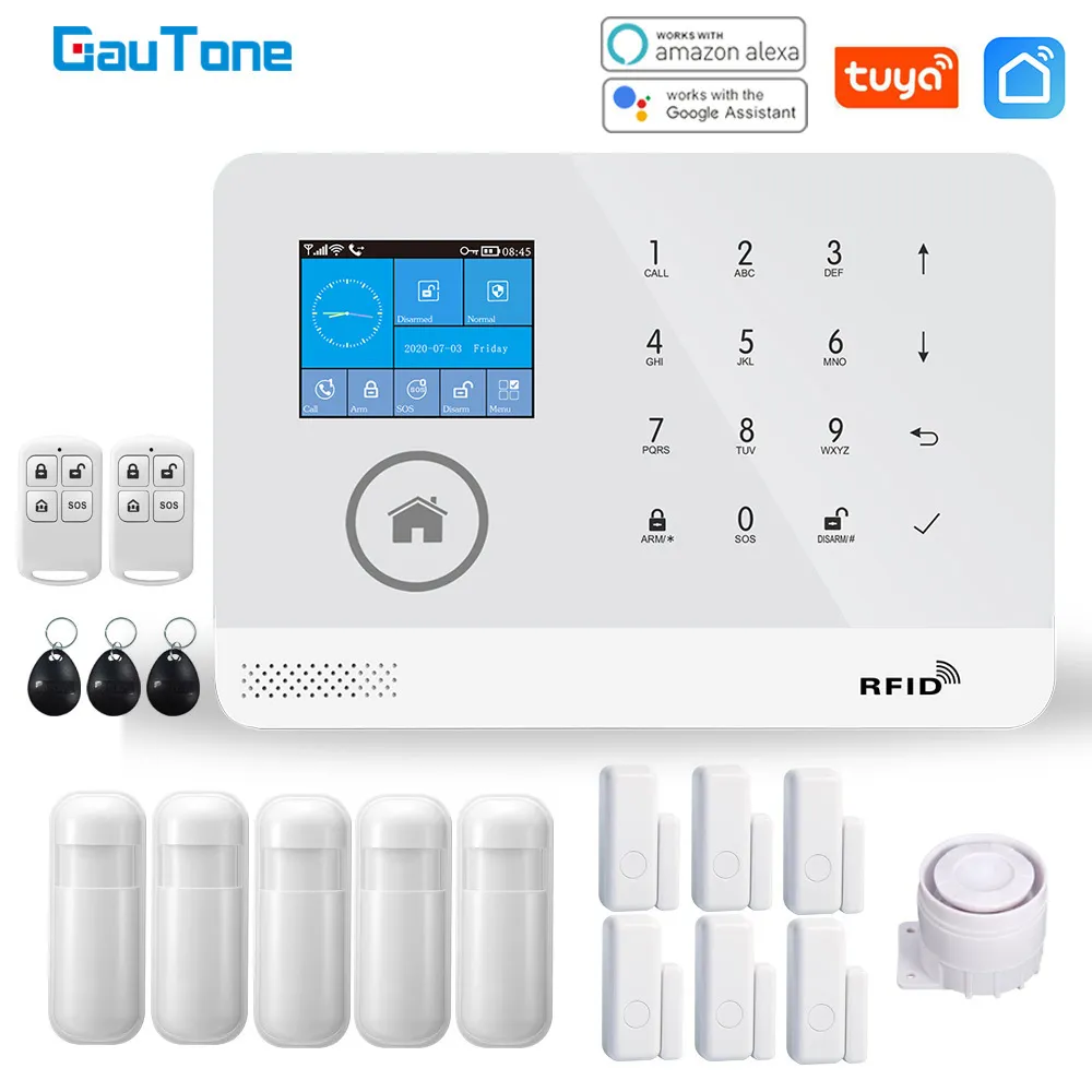 Gautone New PG103 Tuya WifiアラームシステムセキュリティホームRFIDカードモーションセンサーSmart Life App Control
