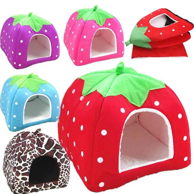 Pet Product Cat House Bed Foldable Soft Winter Leopard Dog Bed Strawberry Cave Dog House Kennel Nest Dog Fleece Cat Bed 210924