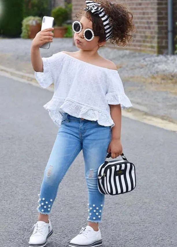 Sets Sommer Baby Mädchen Kleidung Drucken Spitze Kurzen Ärmeln Tops + Einfarbig Jeans Anzug Casual Kleidung Kind