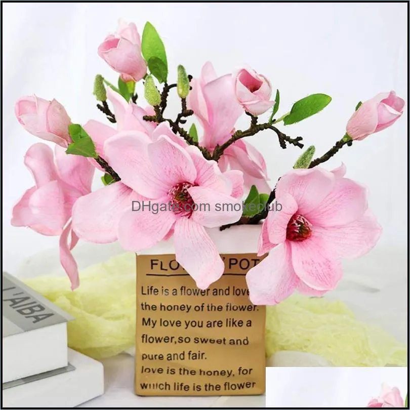 Decorative Flowers & Wreaths 2 Heads Artificial Fake Leaf Magnolia Floral Wedding Bouquet Flores Party Home Decor Simulated