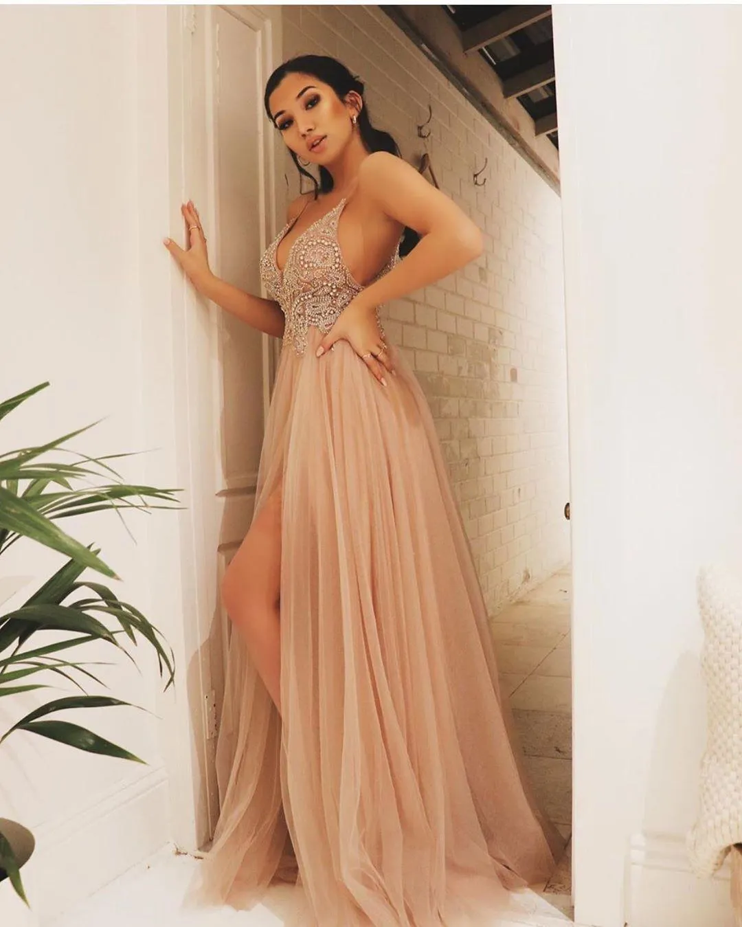sachin and babi light blue dress Cap Sleeves V Neck Open Back Champagne Lace Long Prom Dress, Evening D –  cathyprom