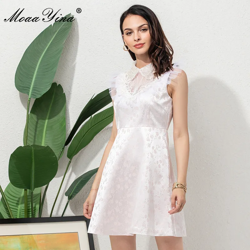 Moda Designer Dress Lato Damska Dress Turn-Down Collar Haftowane Kwiatowe Print Bead Elegant Mini Jacquard 210524