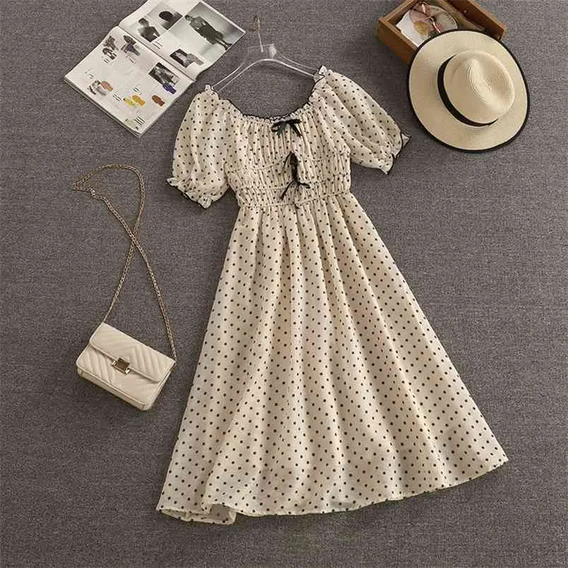 Kobiety Summer Dress Lace-Up Bow Tie Vintage Long Fairy Sweet Fashion Ruffles Robe Femme Slim Talii A-Line Vestidos Mujer 210514