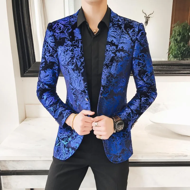 Blue Velvet Paisley Flower Pattern Velvet Suit Mens Jacket Luxury