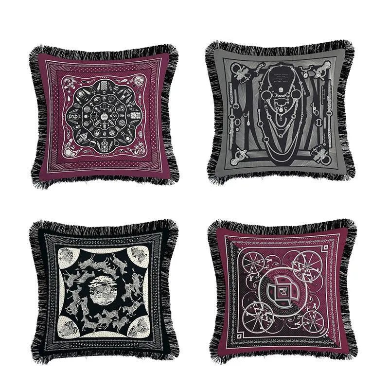 Classic Black White Sofa Decorative Pillow Cases European Luxury Tassel Cushion Covers Double Side Printing Pillowcases