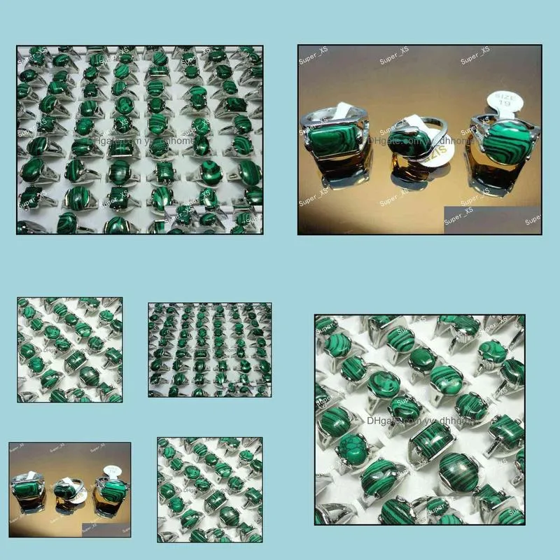 15Pcs Whole Jewelry Bulk Lots Mix Green Malachite Stone Silver Plated Ring For Women Men Fashion Jewelry LR524 220115