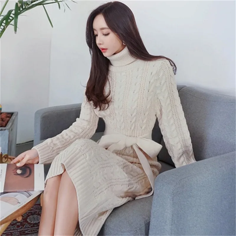 Basic Casual Dresses Winter Thicken Warm Korean Sweater Dress Women Long Sleeve Turtleneck Twisted Knitted Lace-up Belt Straight Dresses Vestidos 210513