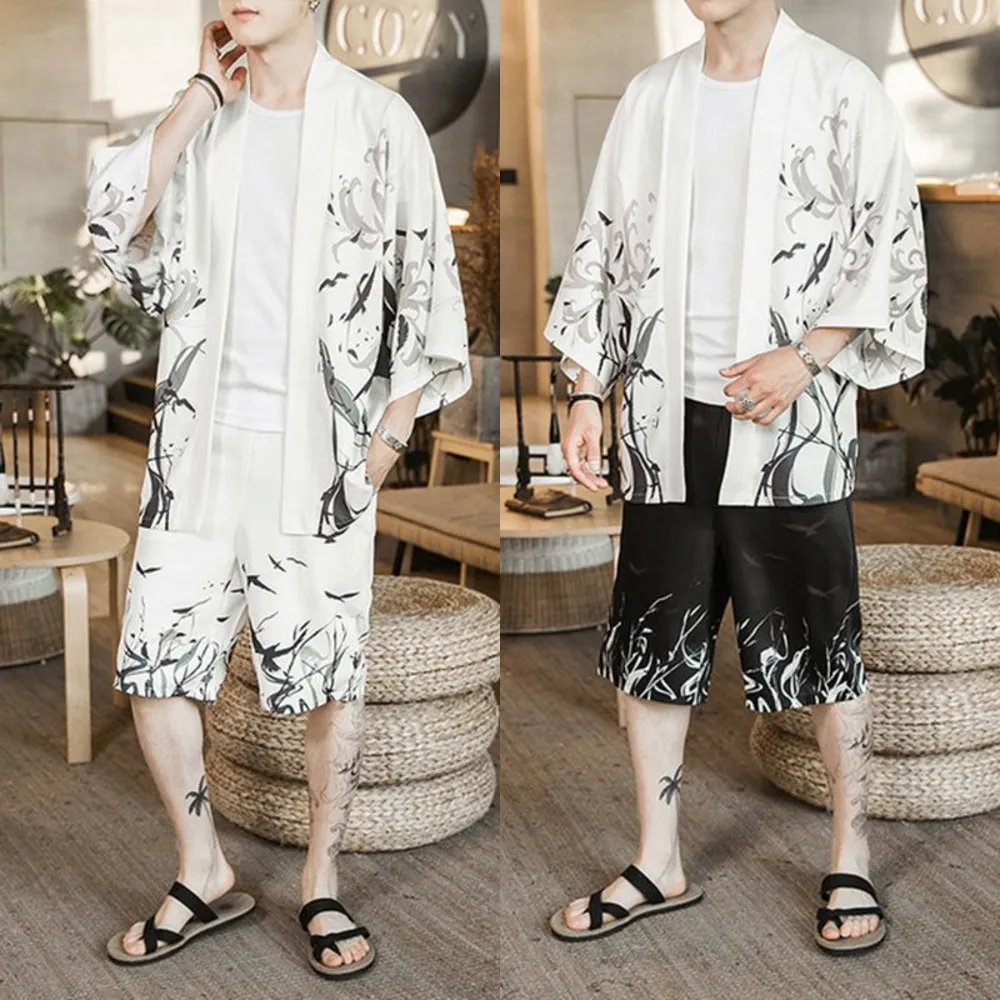 Sinicyzm Sklep 2020 Drukuj Biały Lato Luźne Dres Mężczyźni Męskie Kimono Szorty Kostium Zestawy Mężczyzna Chiński Styl 2 Sztuka Zestawy Ubrania X0610