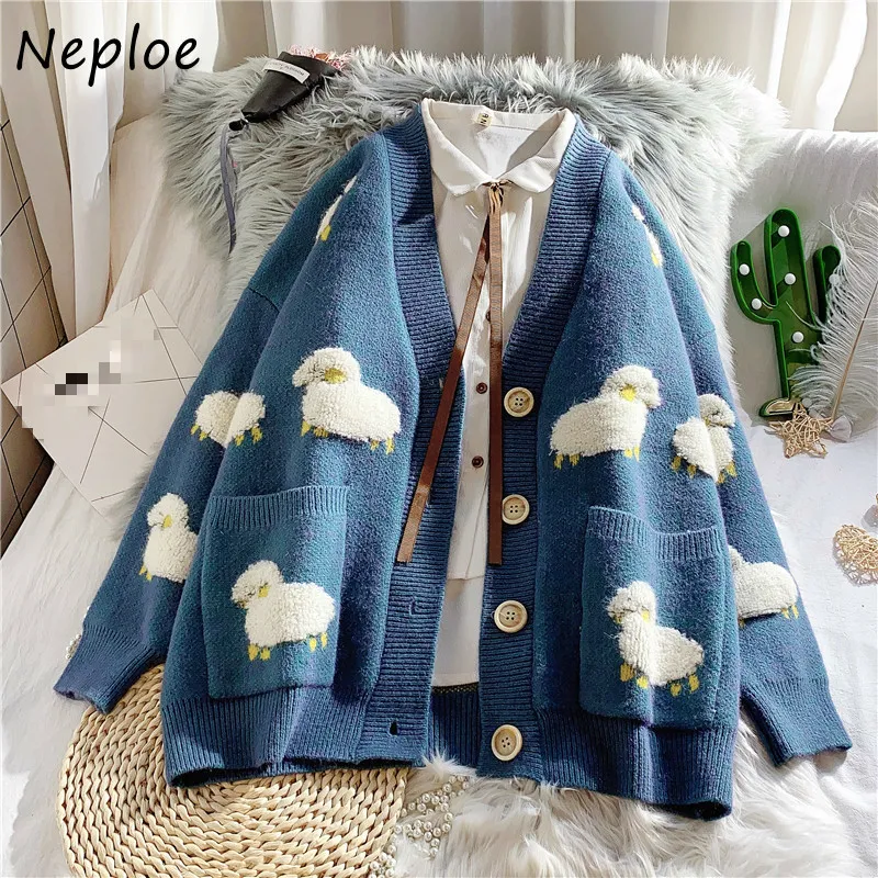 Neploe Cartoon Strickjacke verdicken Pullover Mantel Frauen Herbst Winter Einreiher V-Ausschnitt lose Strickwaren Jacke 1E822 210423