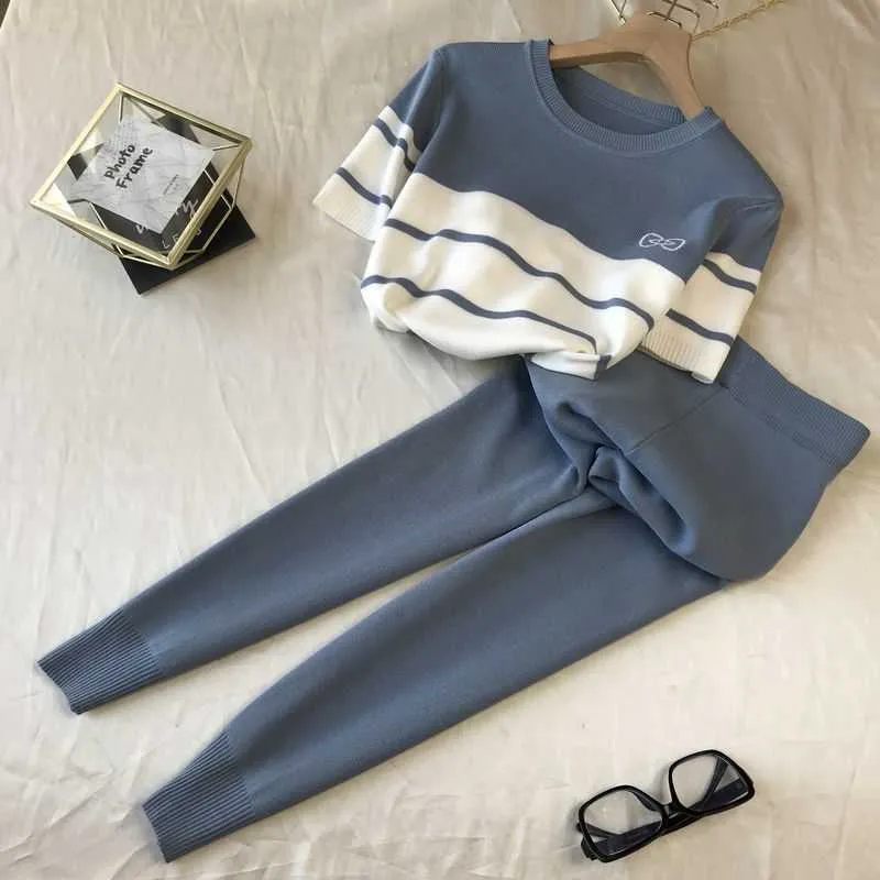 2021 Primavera/Estate Thin Han Fan Sweet Bow Top a maniche corte in maglia + pantaloni elastici Y0625