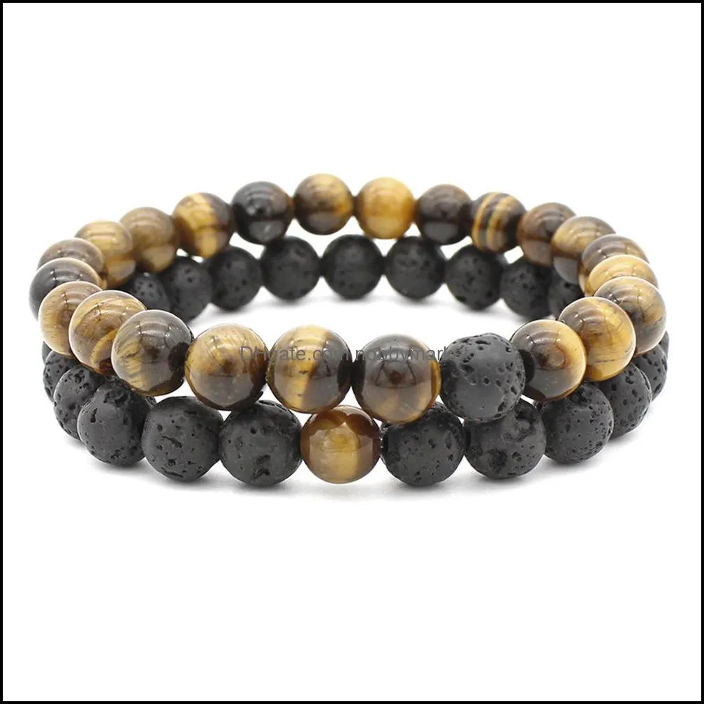 Beaded, Strands Armband Smycken Bk Natursten Par Set för Kvinnor Mens Agate Tiger Eye Charm Essential Oljediffusor Lava Rock Beads Ba
