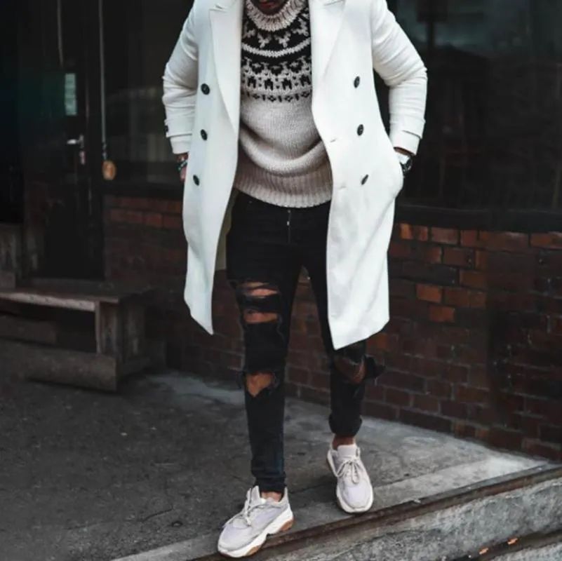 Abrigo largo de invierno con doble botonadura para hombre abrigos blancos chaquetas de caballero de lana a la moda de talla grande ajustadas a la