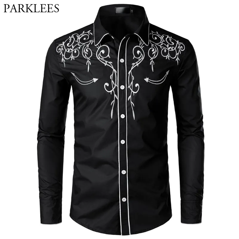 Stylowy Western Cowboy Koszula Mężczyźni Marka Design Haft Slim Fit Casual Długie Rękaw Koszulki Męskie Wedding Party Shirt Dla Męski 210522