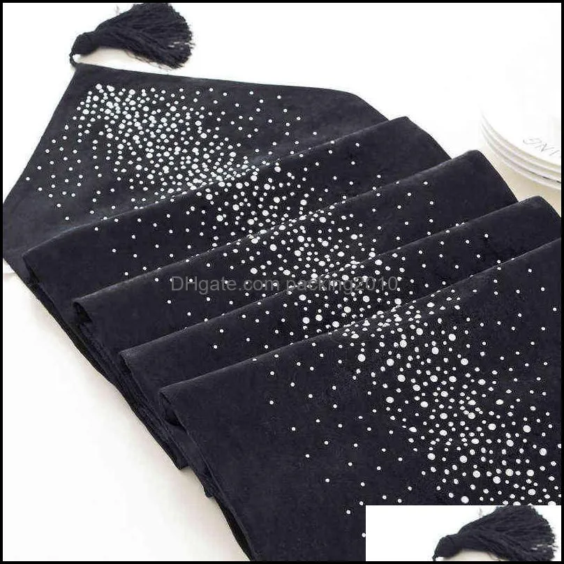 Pure black table runner with diamond down with bling Modern Table Runner Ironing Diamond 2 Layers Runner Table Cloth diamond 220107