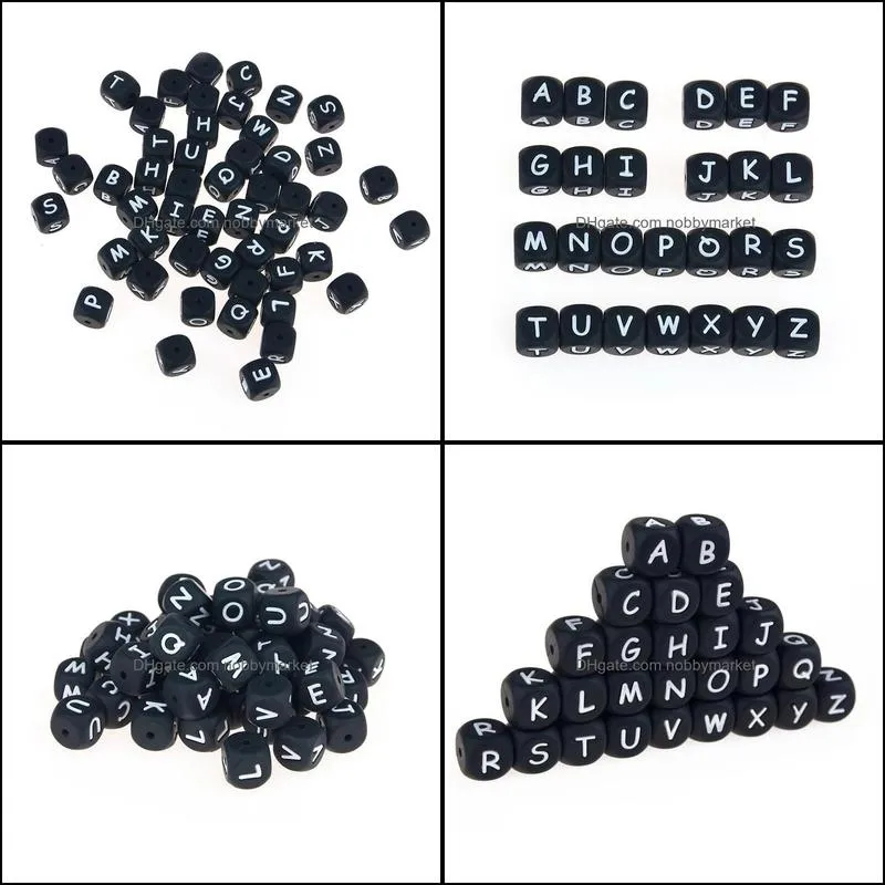 Black Silicone Alphabet Teething Beads 12mm Silicone Nursing Teether Chewable Bead Food Grade DIY Baby Teething Jewelry Necklace