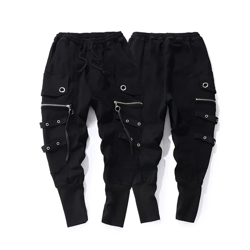 Mode Cordon Casual Hommes Haute Qualité Joggers Pantalon de survêtement noir Ruban Hip Hop Hommes Streetwear Pantalon Cross-pantalon 210715