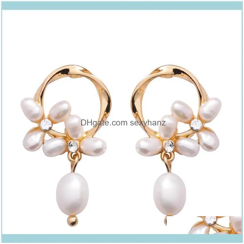 Korea 925 Sterling Silver Metal Winding Circle Pearl Water Drop Flower Earrings Temperament Sweet Pendients Dangle & Chandelier