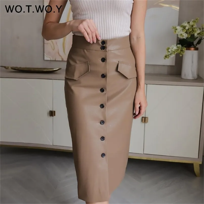 Wotwoy Elengant Hoge Taille Lederen Penci Rok Dames Multi Button Wrapped Rokken Mujer Faldas Solid Pockets Femme Jupes 210619