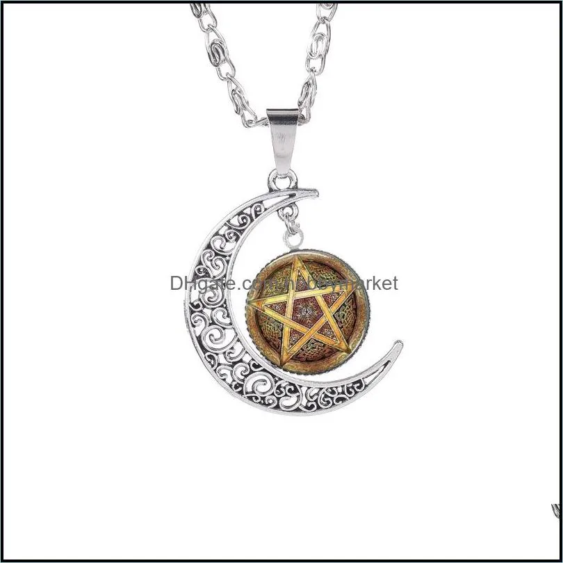 New Five-pointed star pendant necklaces Hollow Moon cabochons Glass Moonstone Pentagram necklace For women&Men witchcraft Jewelry