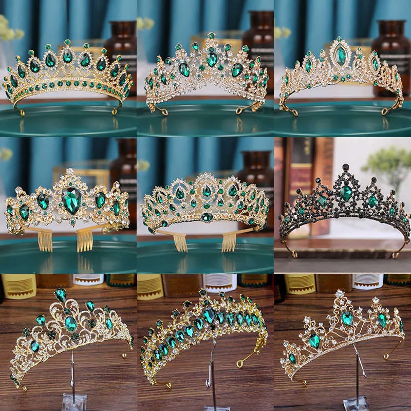 Trendy Groene Crystal Rhinestone Barokke Vintage Tiara en Crowns voor Queen Princess Bruids Bruiloft Haaraccessoires Geschenk Sieraden H0827