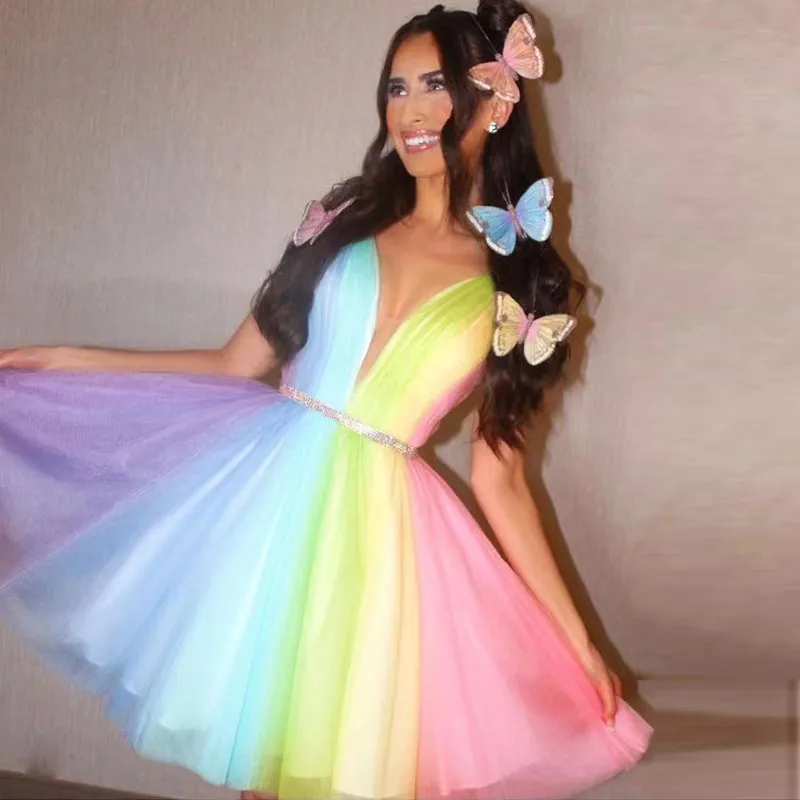 カラフルなラインショートホームカミングドレスvネッククリスタルベルトミニバースデーパーティーガウンRuched Tulle Rainbow Tail Dress 326 326