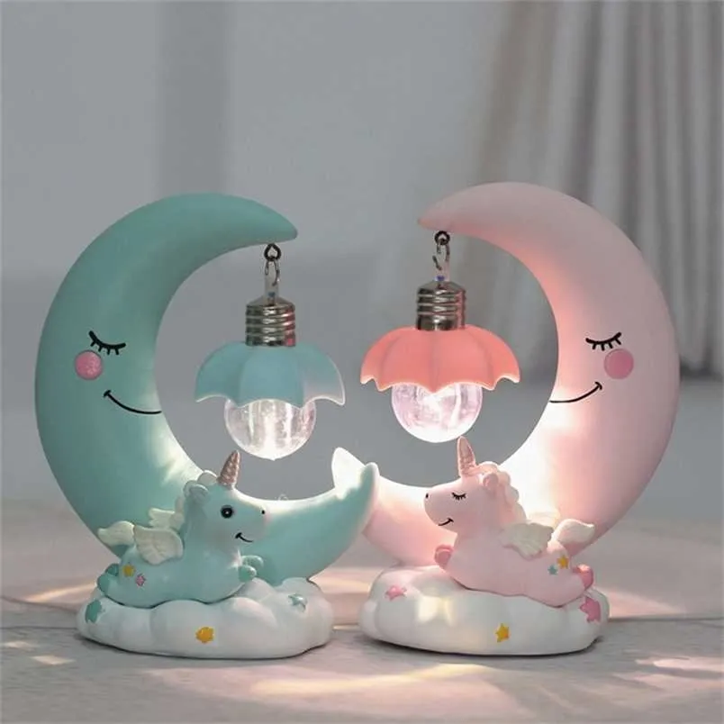 LED Night Light Resin Moon Unicorn Cartoon Baby Lamp Romantic Bedroom Decor for Children Kid Girl Toy Children's Gift Cute 211105