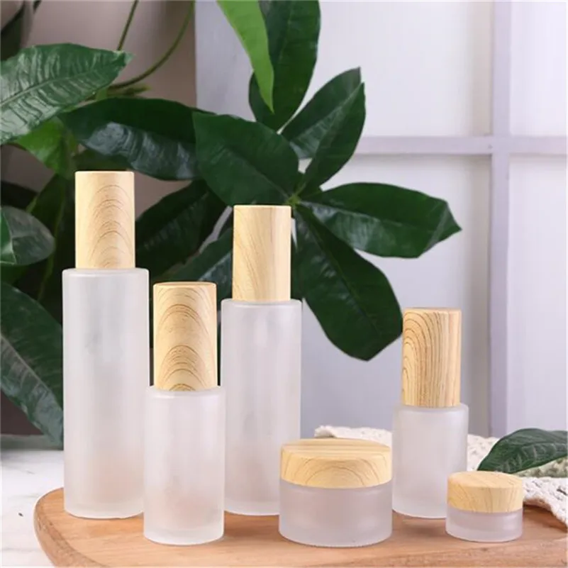 Frosted Glass Cream Jar Cosmetische lotion spuitfles met geïmiteerde houten deksels hervulbare container 20ml 30ml 40ml 60ml 80 ml 100 ml verpakking flessen