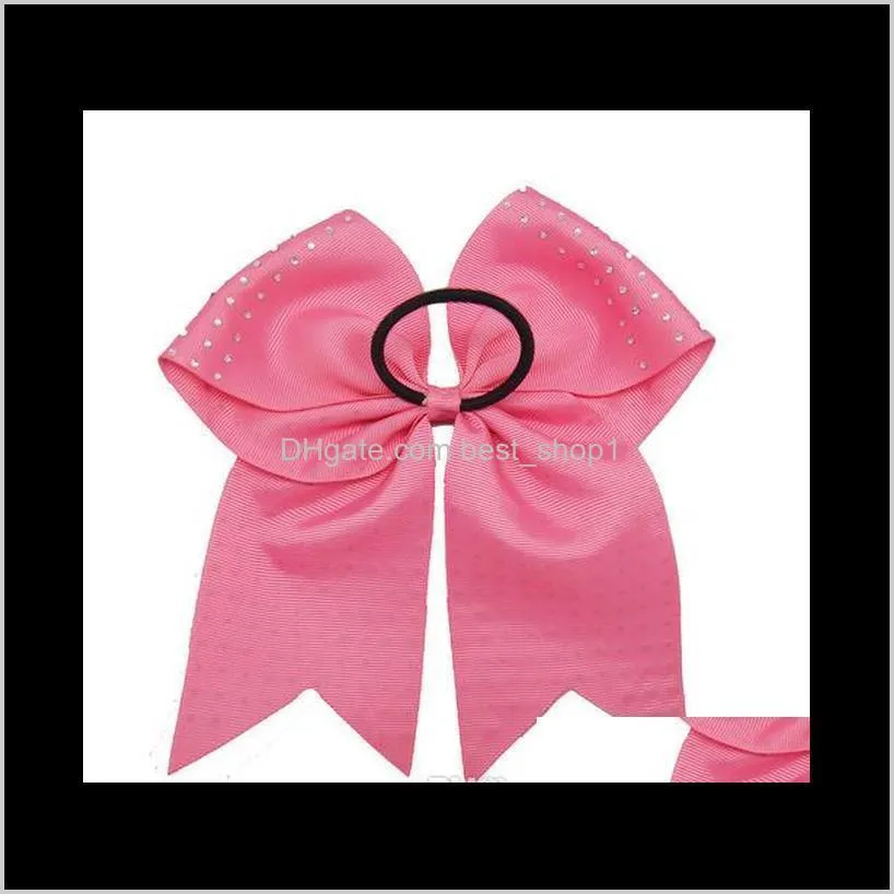 custom boutique handmade large 8 inch big rhinestones bow cheerleading hair accessories grosgrain cheer bow with elastic bands 15pcs