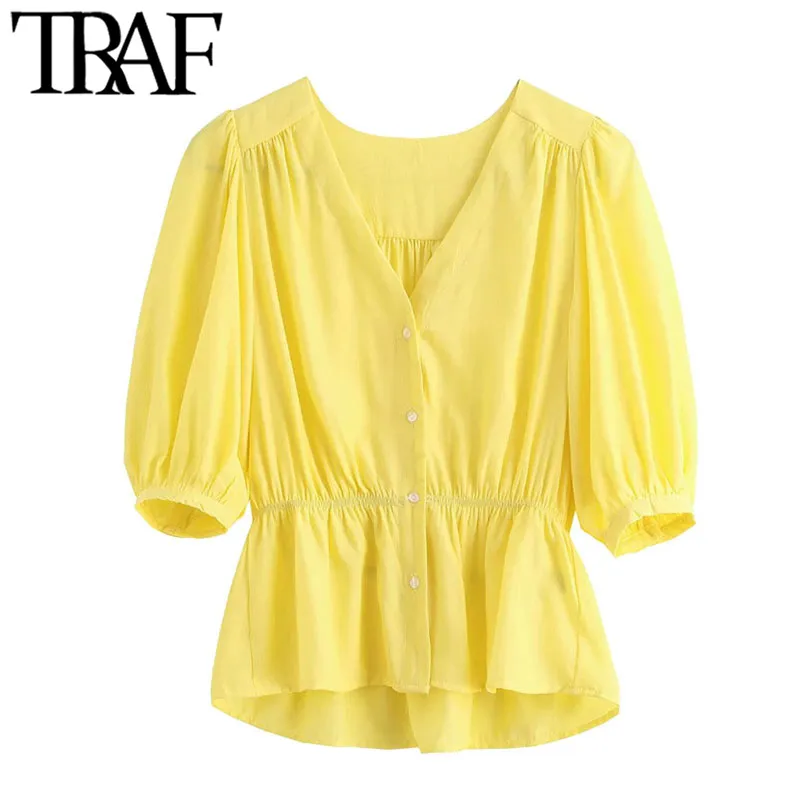 TRAF Vrouwen Sweet Fashion Button-up Ruches Blouses Vintage V-hals Korte Mouw Vrouwelijke Shirts Blusas Chic Tops 210415