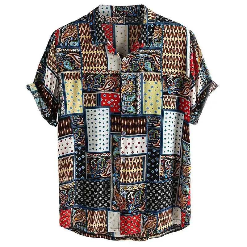 Mens Shirt Vintage Style Printing Loose Short Sleeve Stand Collar Casual Shirts Daily Wearing High Quality Office Big Size Blouse